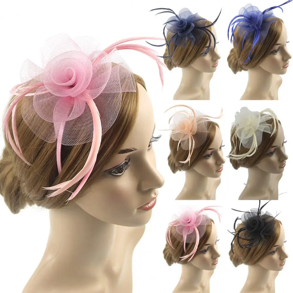 New in Fascinators Hat Feather Flower Elegant Vintage Net Yarn Bridal Headwear for Cocktail Party