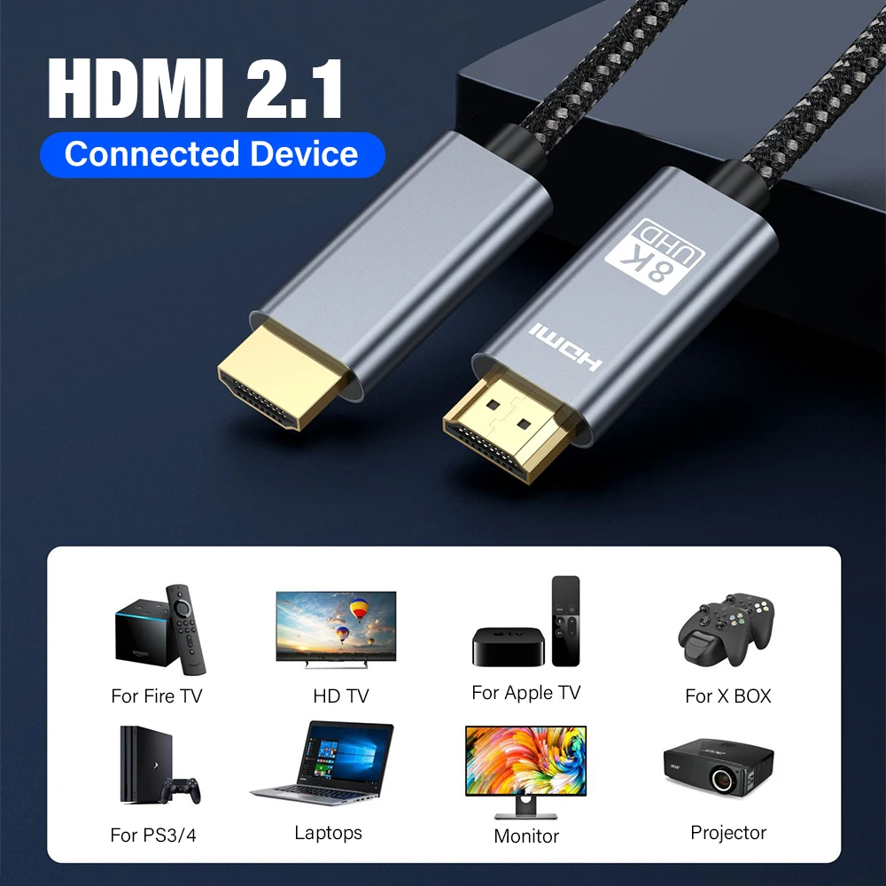 HDMI 2.1 Cable HDMI Cord 8K 60Hz 4K 120Hz 48Gbps EARC ARC HDCP Ultra High Speed HDR for HD TV Laptop Projector PS4 PS5 5M