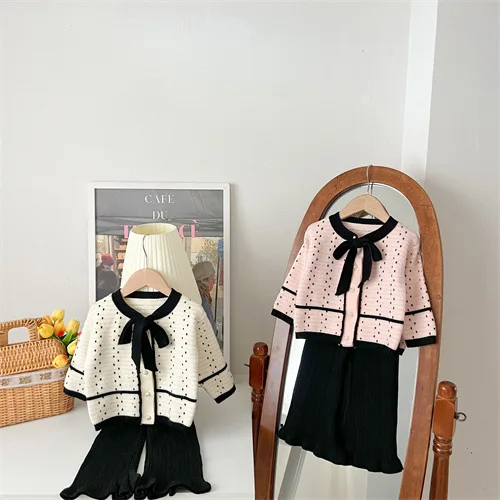 Girls' Elegant Knitted Sweater Sets Autumn New Children's Knitted Coat Cardigan + Kids Pants Clothes Set 2-6Y