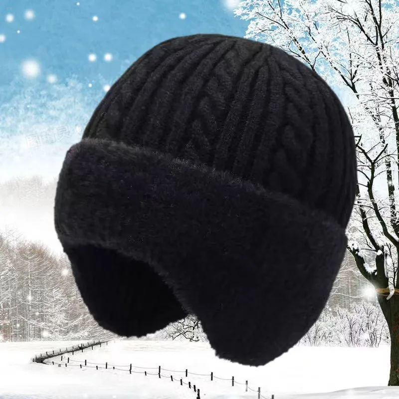 Men Winter Cable Knit Earflap Beanie Hat Thick Plush Fleece Lined Windproof Warm Knitted Cap Solid Color Cold Weather Headwear