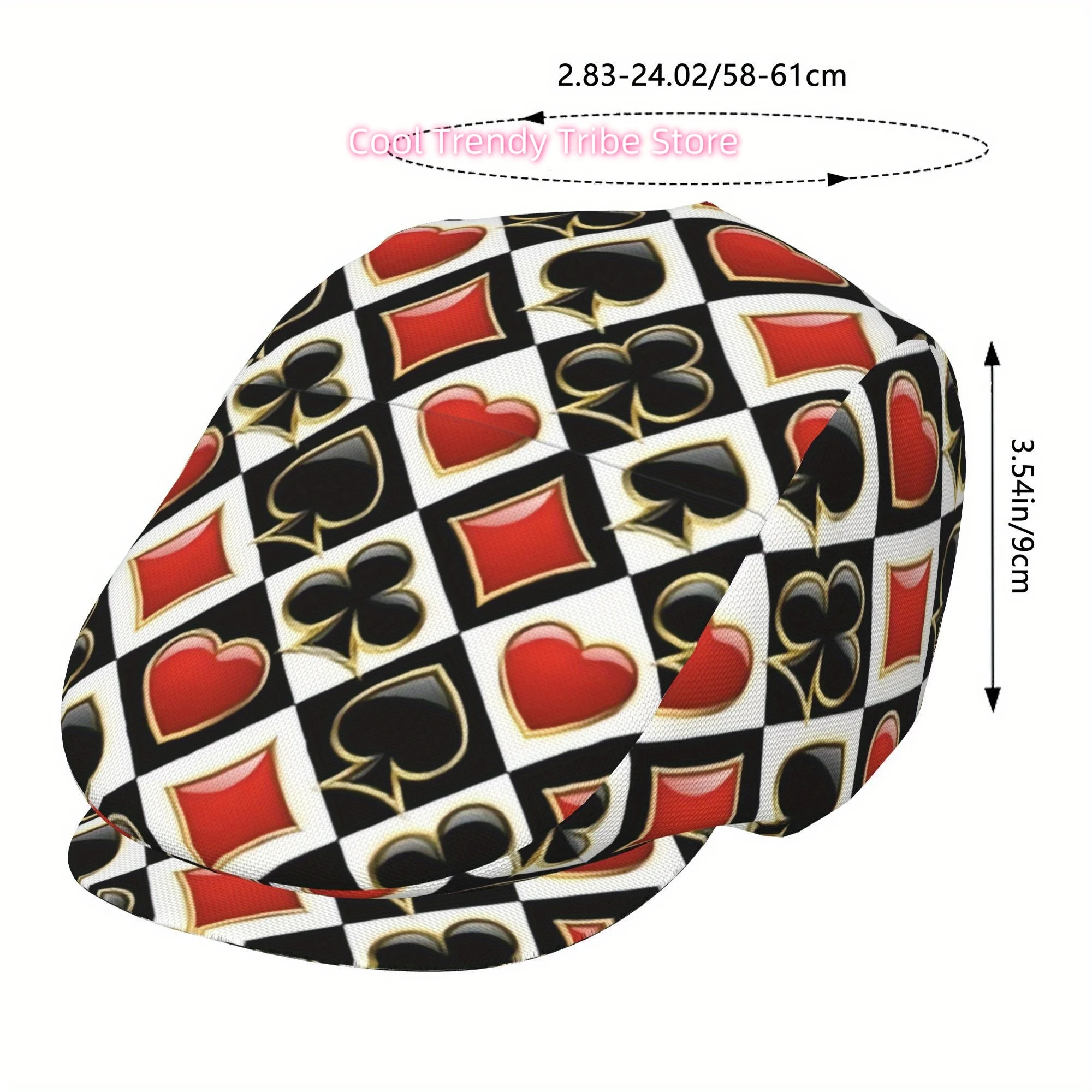 1pc Black & White Checkered Poker Suit Beret Cap - Full Ace Card Print (Hearts/Spades/Clubs/) - Adjustable Unisex Retro Hat for