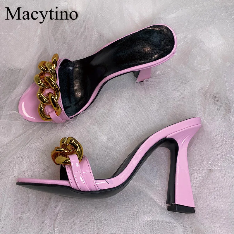 Metal Chain Decoration Ladies High Heel Slippers Round Toe Monster Heel High Heel Sandals Fashion Party High Heel Slippers