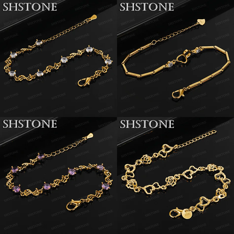 

Fashion 18k Gold Flower Heart Bamboo Chain Purple White Zircon Bracelet Women Nice Jewelry Wedding Party Gift Accessories