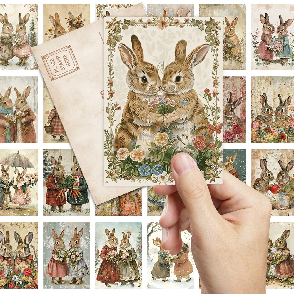 32 Stück Vintage-Kaninchen-Postkarten, lustige Kaninchen-Illustrationen und Blumenmuster, Weihnachtsthema, Studentengeschenke, Schlafzimmerdekoration