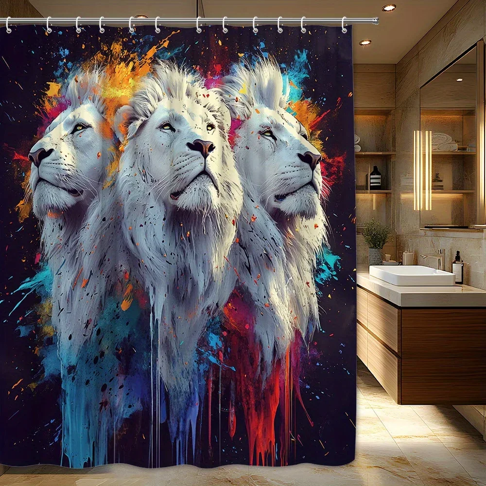 

1 шт. Занавеска для душа с абстрактными белыми львами — сюрреалистическая жидкая текстура и дизайн с королевскими львами, яркий оранжевый, красный, синий, зеленый, черный, абстракт