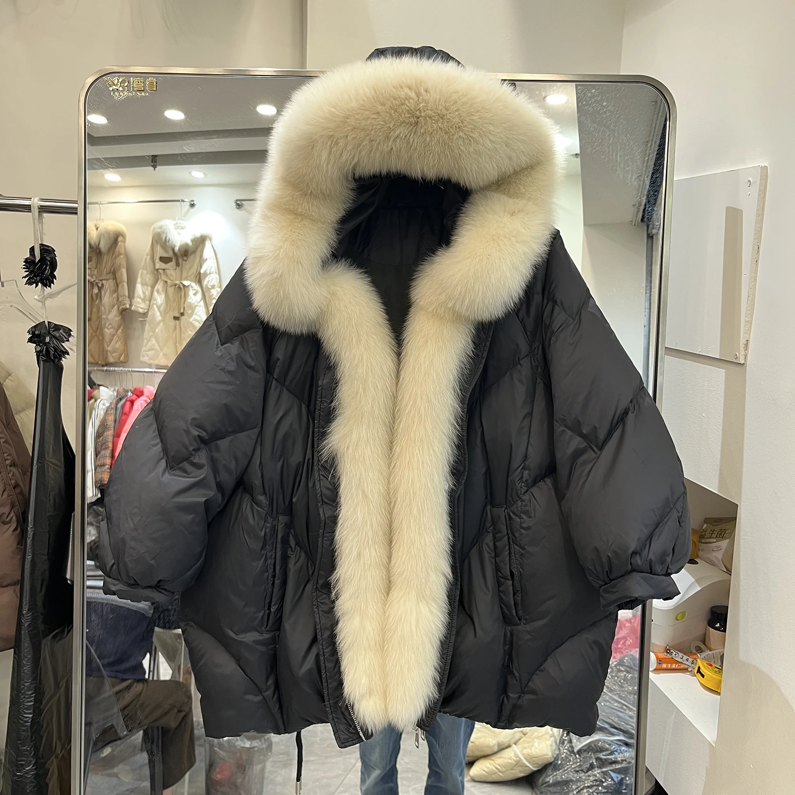 الأوروبية Sle المرأة Thiened طويلة مقنعين أسفل Jaet الفراء طوق عادية Faion ملابس خارجية دافئة منتصف طول معطف مبطّن #1