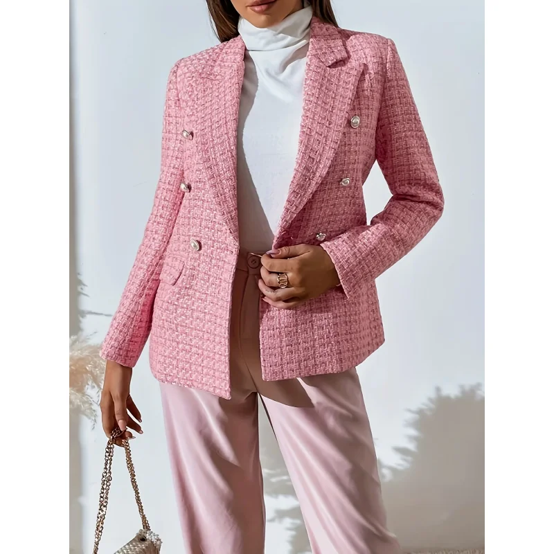 New Plaid Print Double-Breasted Suit Jacket Workwear Stylish Checkered Patterned Formal Outerwear for Professional Settings