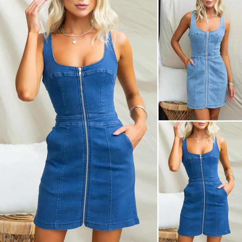Sukienka dżinsowa wyszczuplająca, codzienna, damska, modna, elegancka, z podkreśloną talią, midi, bez rękawów, pochodzenie Chiny.