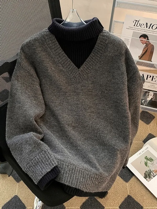 

Новый зимний вязаный свитер с высоким воротником, повседневный универсальный мужской свитер из двух предметов, лоскутный свободный крой, обычный све, длинный