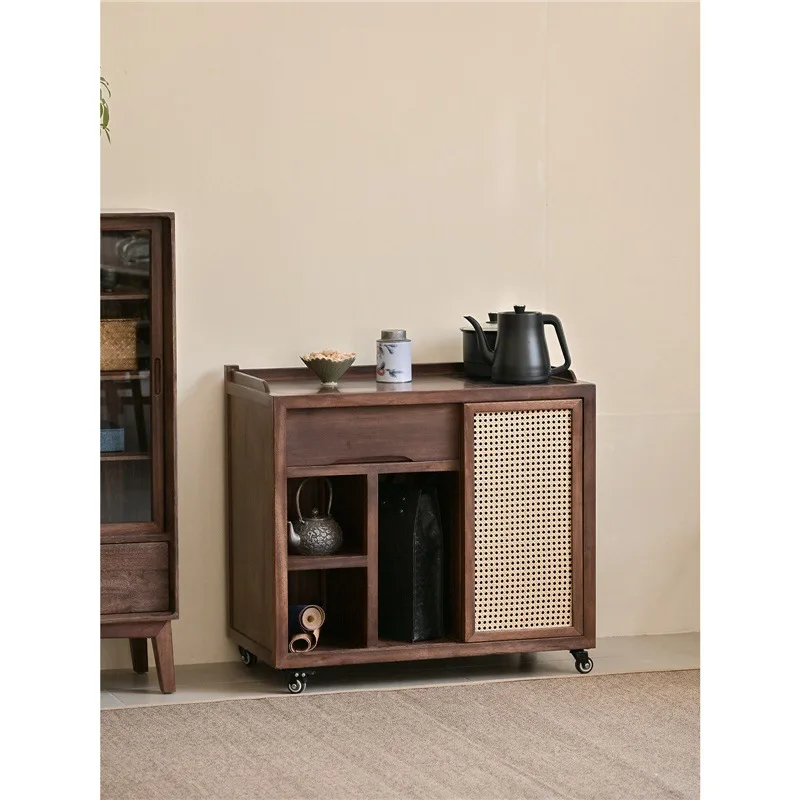

Medieval style coffee table living room household ebony solid wood tea cabinet movable cart sofa side cabinet side table boil