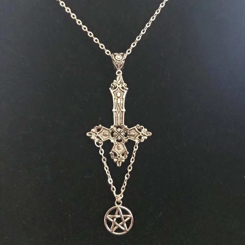 Inverted cross and pentagram necklace satanic necklace, occult jewellery upside down cross gothic, punk