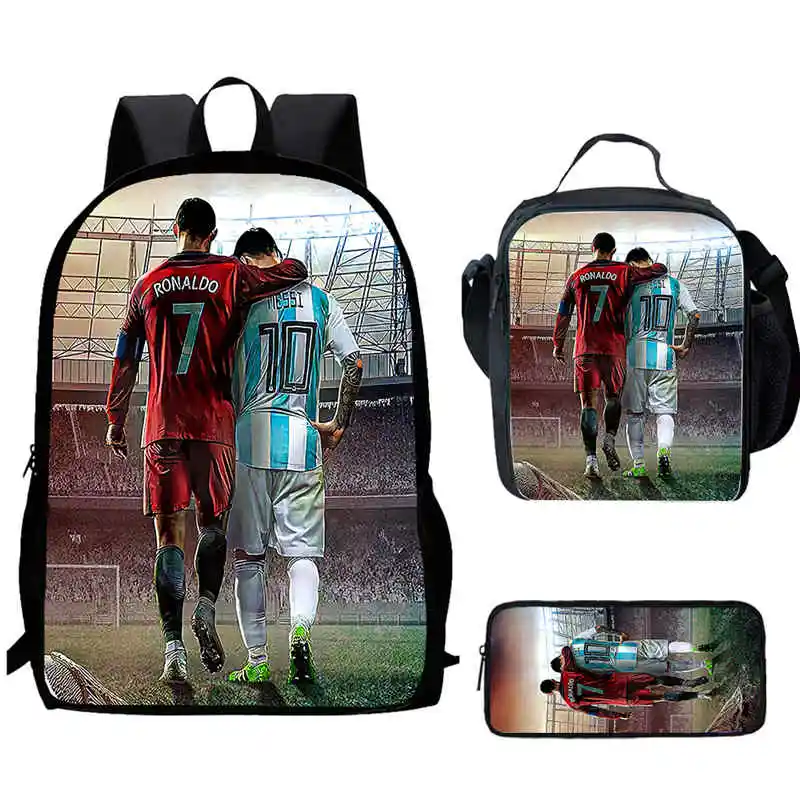 Cartoon CR7 Child School Backpack With Lunch Bags Pencil Bags For Age 4-9 ,Light Weight School Bags For Boys Girls