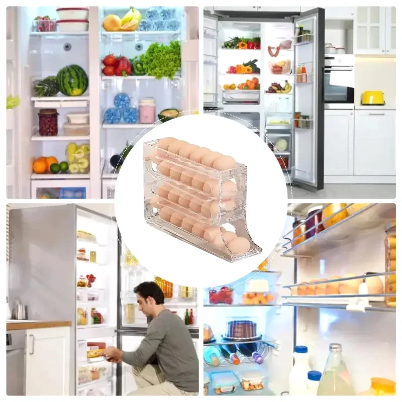 4 Layers Automatic Rolling Egg Holder Refrigerator Egg Storage Box Container Large Capacity Egg Dispenser Fridge Organizer