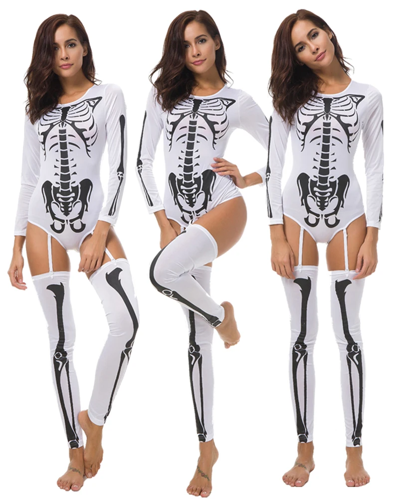 Mono de manga larga para mujer de Halloween, disfraz ajustado para adulto con calavera y esqueleto, mono de zombis para fiesta de juegos de rol