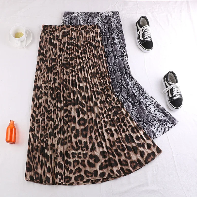 

Vintage Leopard Pleated Long Skirt for Women Autumn New Serpentine Print A Line Folds High Waist Midi Skirt Female
