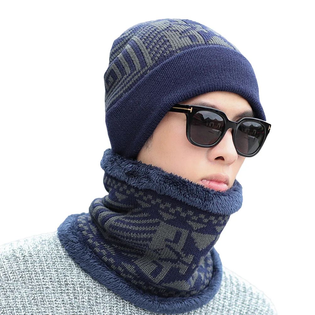 Round Men and Women Men's Hats Warm Thick Knit Beanie Cap Neck Warmer Scarf