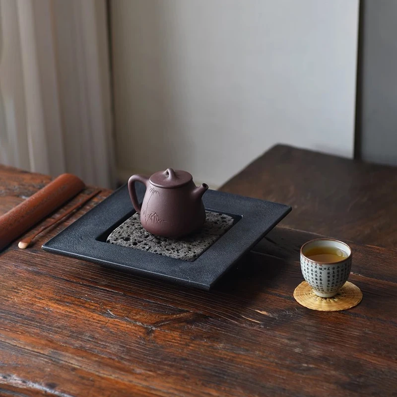 Tee-Tablett aus Naturstein, quadratisch, mit Wasserablauf und Aufbewahrung, handgefertigt, im Vintage-Chinesischen Stil, Gongfu-Teeset, Wabi-Sabi Zen, Heim- und Bürodekoration – Detail 9