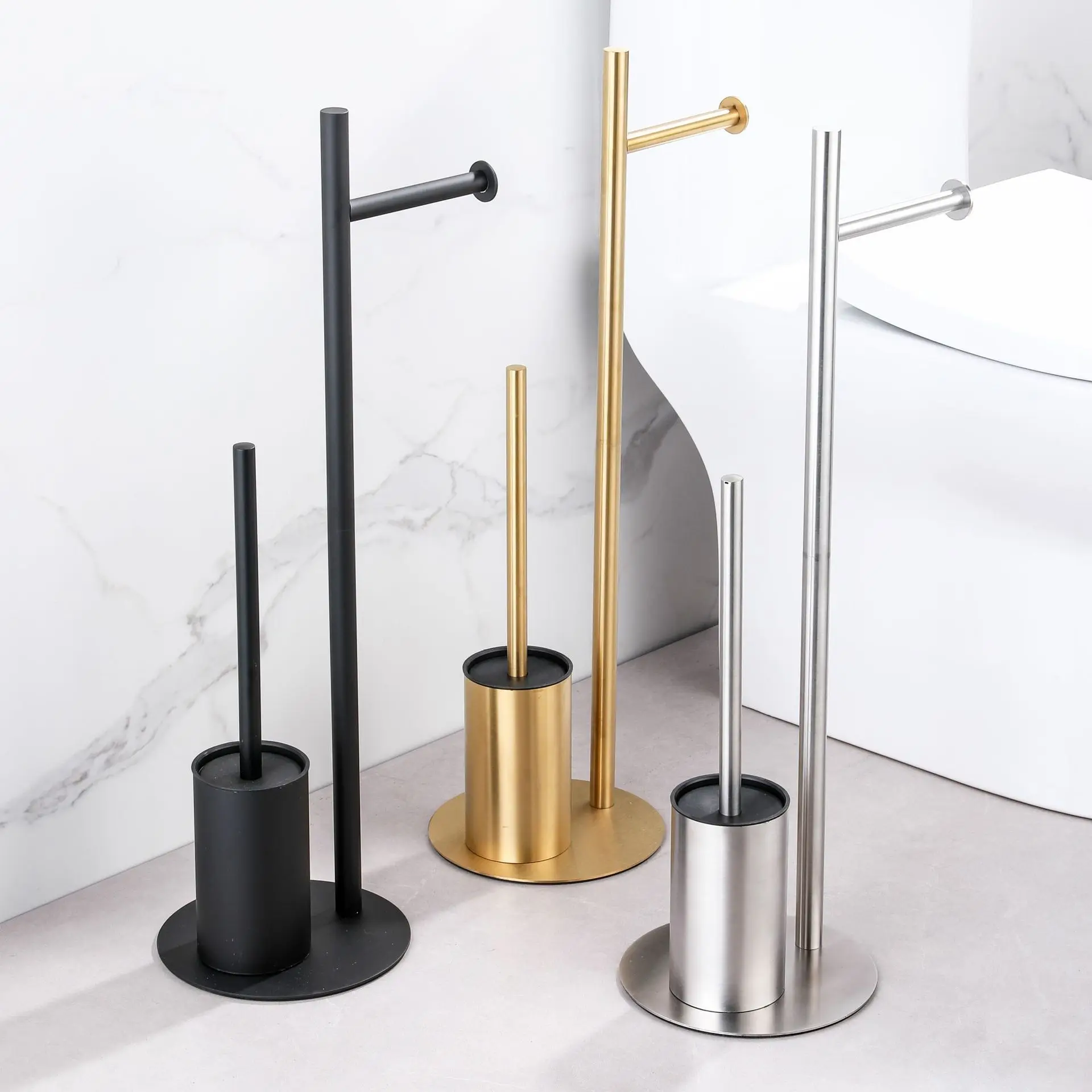 Floor-Standing Toilet Brush with Tissue Holder, Vertical Toilet Paper Roll Holder Hanging Rack Bathroom Cleaning Tool