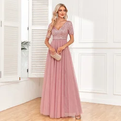 Women Elegant V-neck A-Line Tulle Evening Dress Floor Length Formal Prom Party Gown Sequins Short Sleeves Birthday Dress