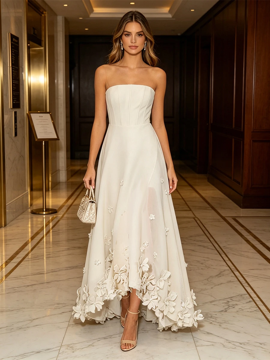 Champagne Satin Strapless 3D Floral Trailing Dress Long Skirt 2026 Summer New Custom Women's Dress