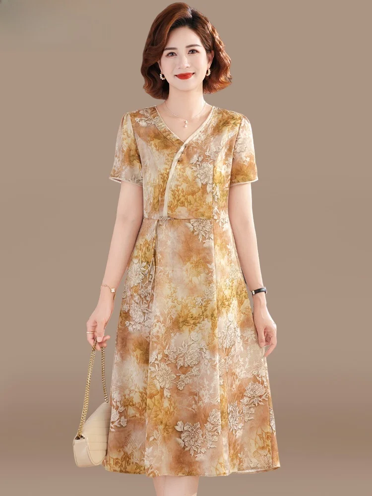 

Mum's Summer Faion 2025 ort Sve Print Chiffon Dr Improved Middle-aged And ly Women's Clothing Traditional Sle