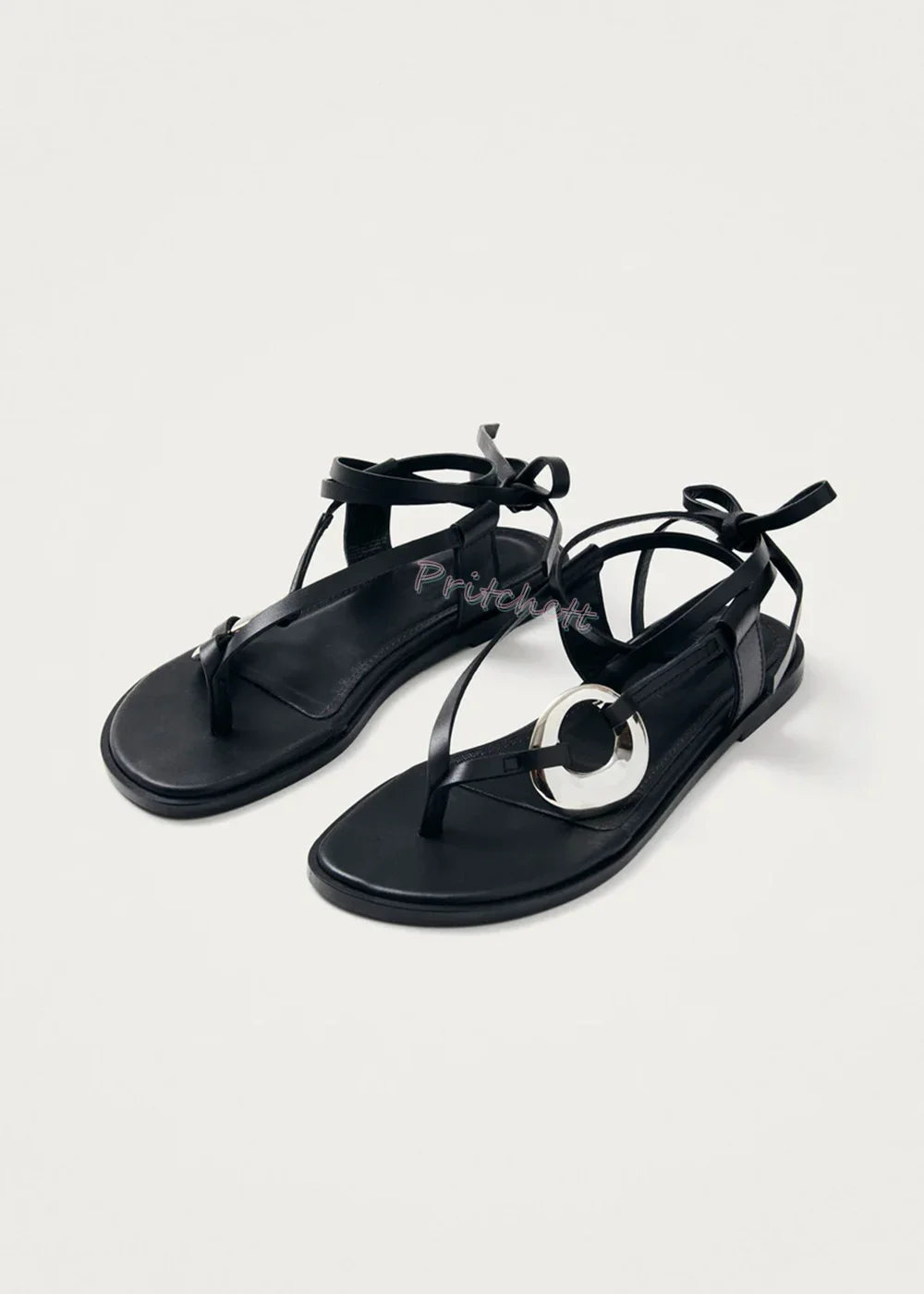 

Black Thong Women Sandals Flats Round Open Toe Ankle Lace-up Bow Flats Buckle Solid Summer Shoes Summer Luxury Sexy Shoes New