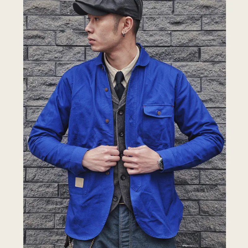 Amei Khaki Heavy Industry French Shirt Men's Cotton Spring Rounded Collar Classic Miner Casual Jacket Long Sleeve Coat