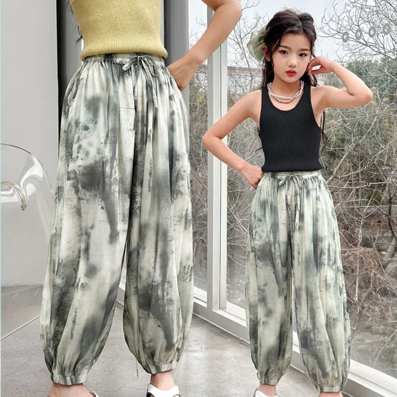 

Girl's Summer Thin Loose Casual Lantern Pants Big Girls Summer Colored Painted White Tie Dyed Ice Silk Pants Trendy