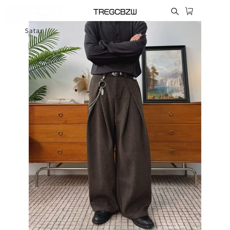 

Loose Casual Pants Men's Trendy Floor-Length Thin Wide Leg Pants Spring Season High Elasticity Natural Waist Polyester Fiber