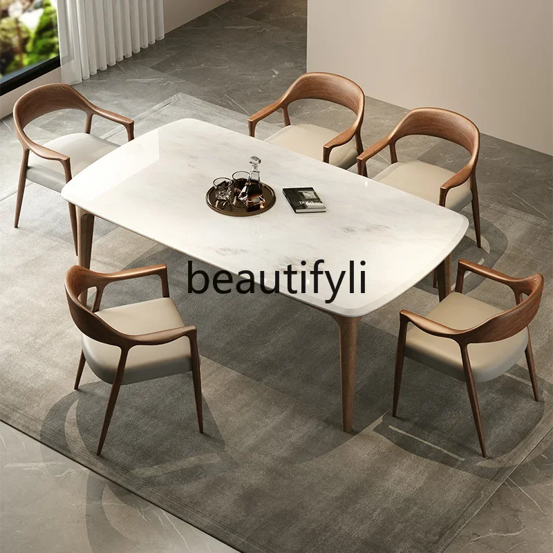 Imported pure natural luxury stone dining table high-end Italian minimalist light luxury rectangular marble simple solid wood