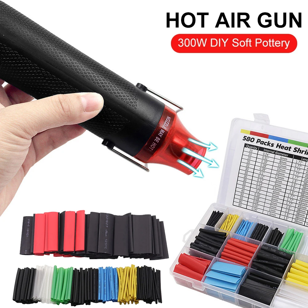 

300W Electrical Mini Heat Gun Handheld Hot Air Gun with 580PCS Heat Shrink Butt for DIY Craft Embossing Shrink Wrapping PVC