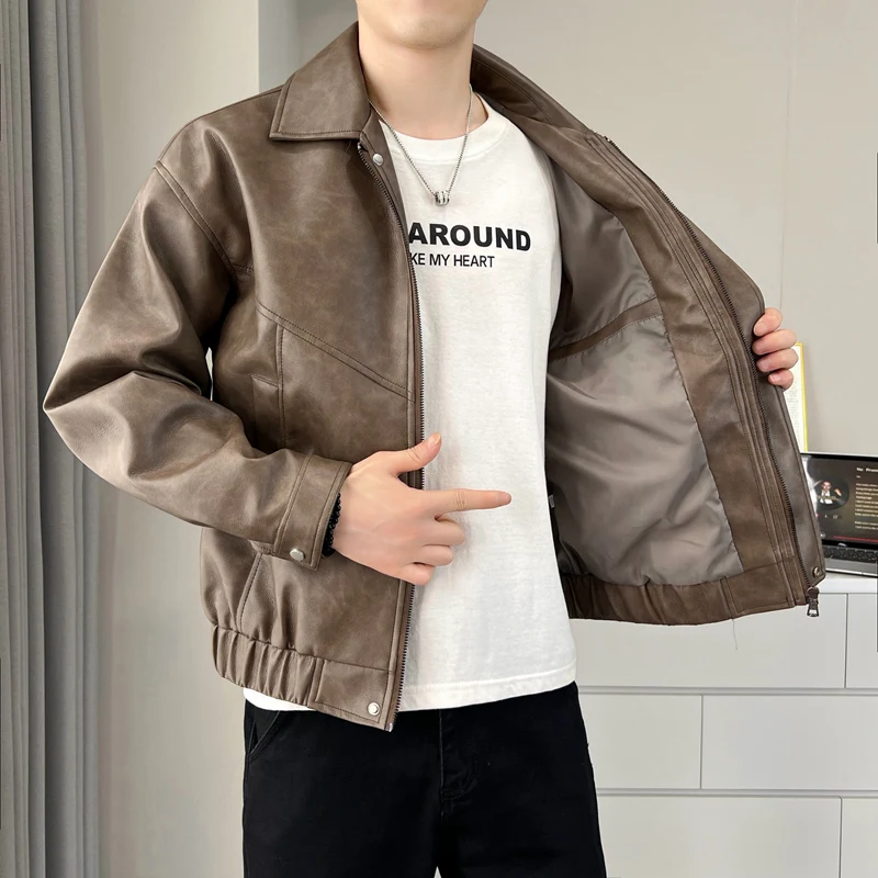 New Leather Jacket Men's Leather Jacket Casual Jacket Korean Version Trend Slim Fit Handsome Youth with Thick Velvet