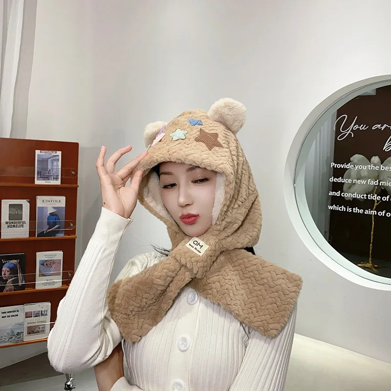 Hot Cute Little Bear Star Hat Scarf Autumn Winter Dome Shaped No Eave Warm Cold Resistant Riding Bike Plush Hat Balaclava