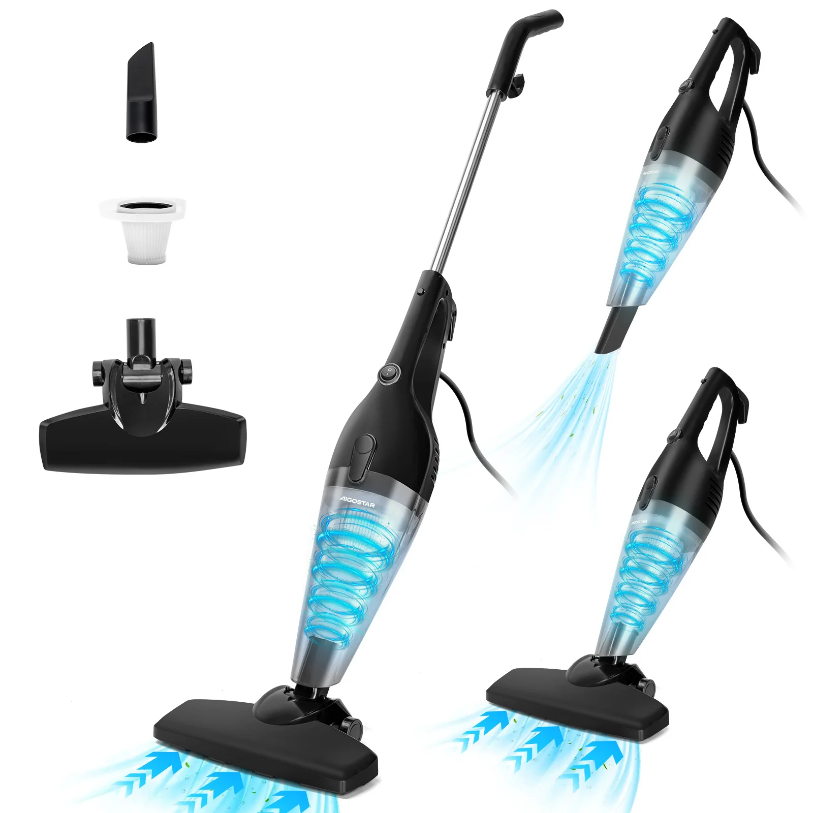 مكنسة كهربائية سلكية 4 في 1 من Aigostar، مكنسة كهربائية بقوة 600 وات، سعة 15 كيلو باسكال، سعة 1.2 لتر، خفيفة الوزن ومثالية للمنزل