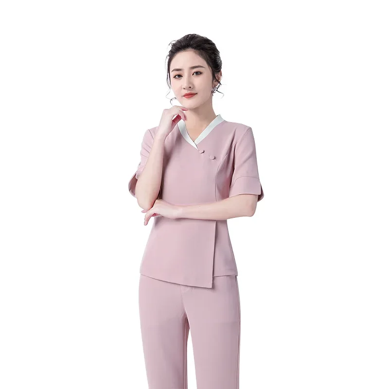 Beauty Salon Spa Uniform Women's Middle Sleeves Solid Color Overalls Waitresses Chinese Elegant Workwear Hotel Uniforms