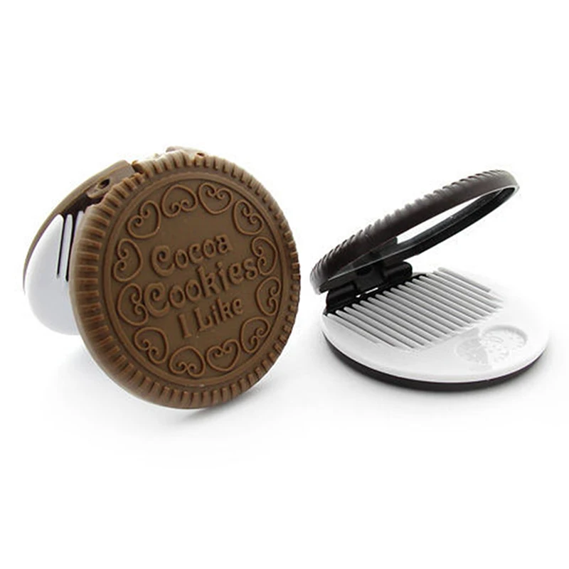 Mini espejo de bolsillo portátil con peine, espejo de diseño en forma de galleta de Chocolate, Marrón lindo, maquillaje de Chocolate, peine plegable, regalo de maquillaje