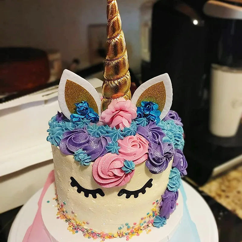 Adorno para tarta de unicornio, cuerno de arcoíris, herramientas de decoración para tarta de fiesta de cumpleaños para niños y niñas, suministros para fiesta temática de unicornio para boda y Baby Shower