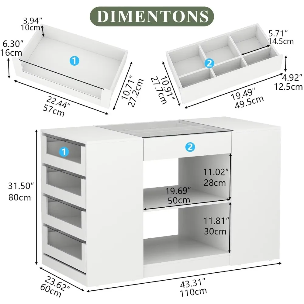 Closet Island with Drawers, Armoire Wardrobe Closet with LED Lights White Dresser Walk-in Closets with Glass Top, Customized