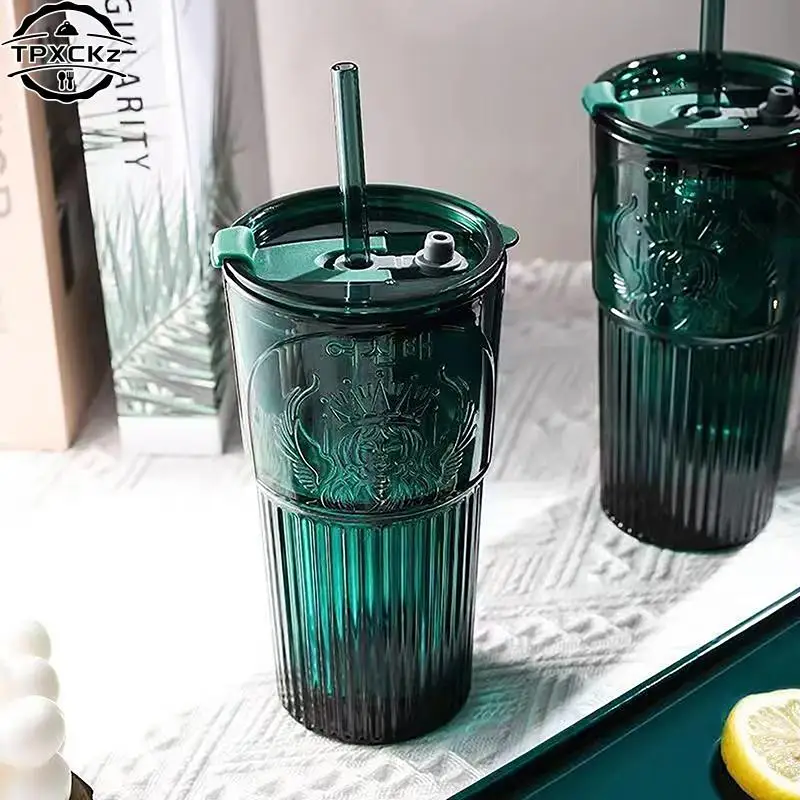 Milk Cup Green Goddess Model Water Cup Glass Cup With Lid and Straw Transparent Bubble Tea Cup Coffee Drinkware Dessert Cup