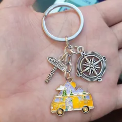 Camping Compass Camper Bus Keychain Holiday Travel Keyring Women Jewelry Accessories Pendant Gift