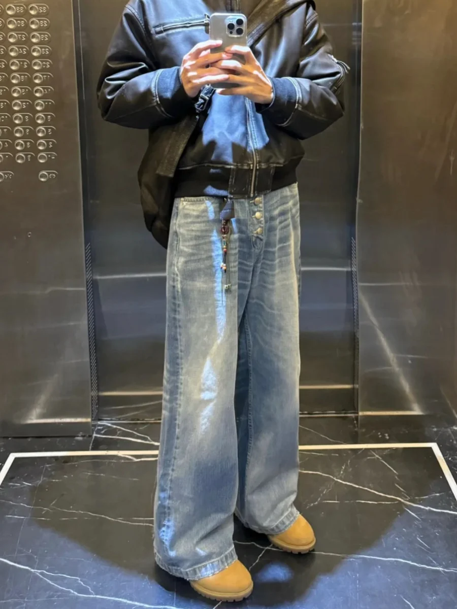 

Retro Waed American High Street Men's Wide Leg Jeans Straight Cut Floor-Length Trendy Casual Summer Denim Pants