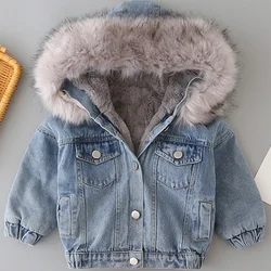 Girls' Plush Denim Jacket with Plush Hat, Winter Thickened Baby and Toddler Short Large Fur Collar Children's Plush Boy Jacket