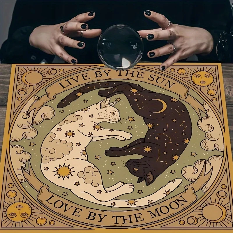 Mysterious Sun And Moon Cat Altar Tablecloth Starry Sky And Celestial Elements Tarot Cards Divination Room Decoration
