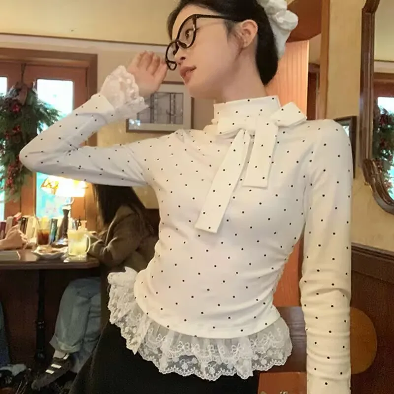Bowknot Lace Long Sleeve T-shirt New Women Spring Autumn Slim-fit Blouse Tops Korean Sweet T-shirt White Base Shirt