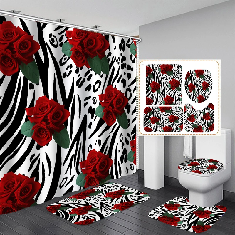 

Red Rose Flowers Zebra Print Bathroom Shower Curtain Set Waterproof Polyester Non-Slip Bath Mat Rugs Carpet Toilet Cover Decor