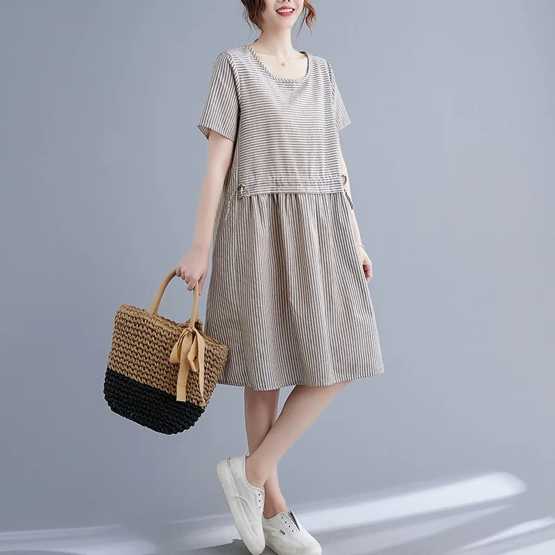 

Pure Cotton Striped Women's New Summer Pullover Round Neck Loose and Slimming A-line Tied Pocket Casual Short Sleeved Dress