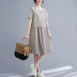 Pure Cotton Striped Women's New Summer Pullover Round Neck Loose and Slimming A-line Tied Pocket Casual Short Sleeved Dress