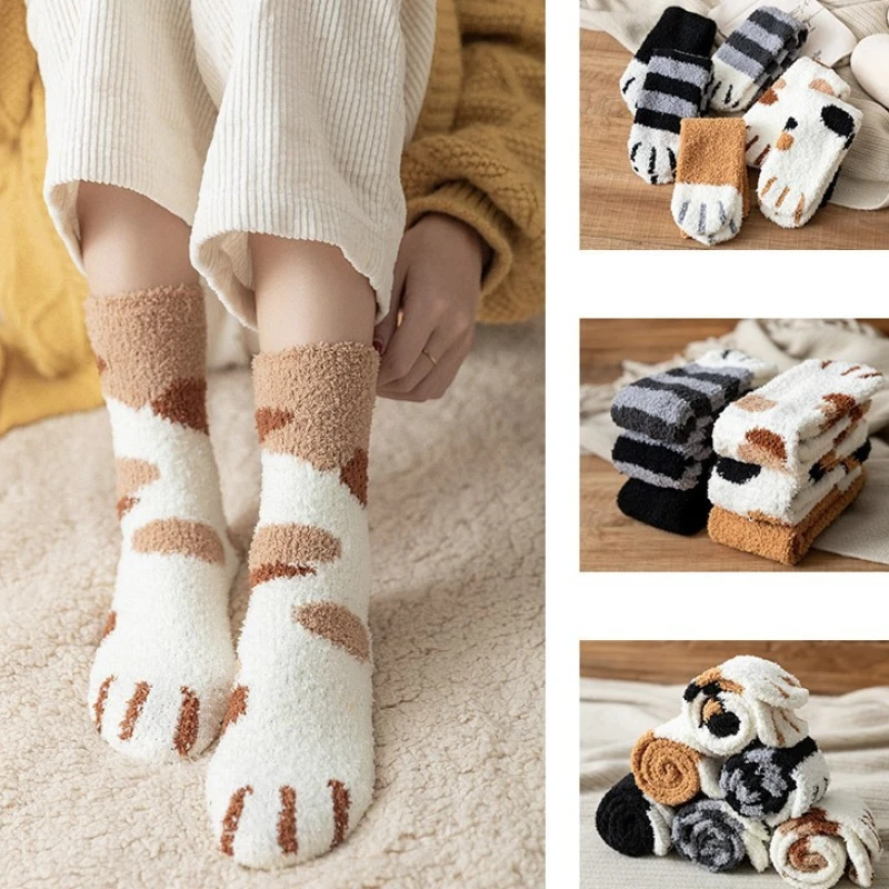 (6 Pairs)Women's Winter Corals Fleece Socks, Mid-Crew Cat Paw Sleep Socks, Non-Slip Thick Warm House Floor Socks