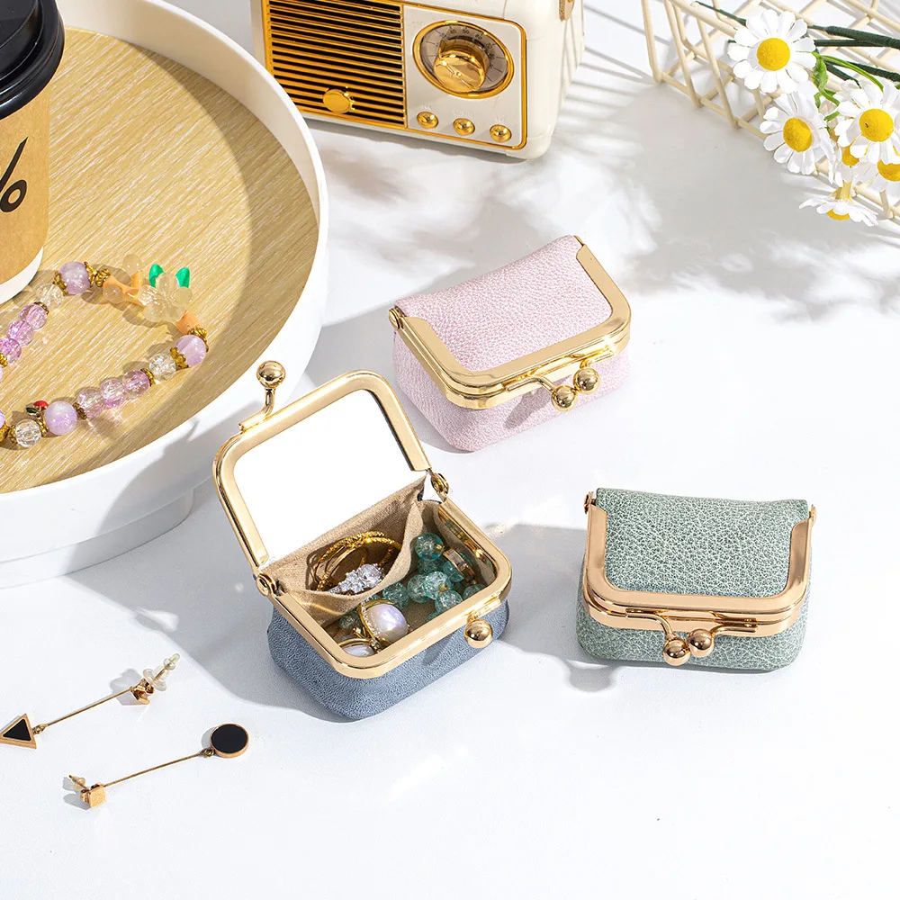 Waxed Cowhide Genuine Leather Jewelry Storage Box Kiss Lock Jewelry Bag with Mirror Travel Ring Earring Organizer Coin Purses
