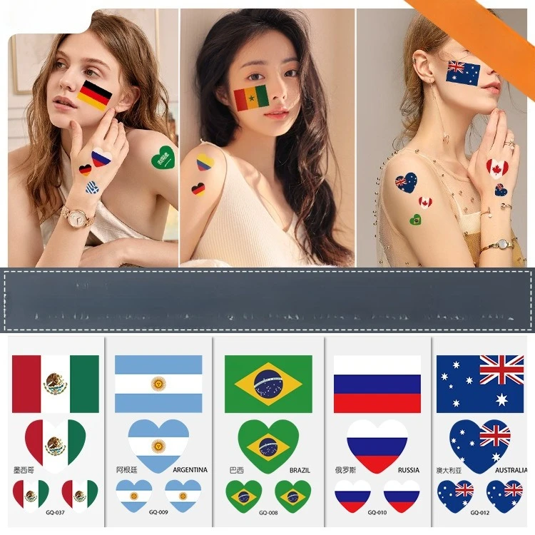 

Новые временные тату-наклейки с флагом – водонепроницаемые и устойчивые к поту, с дизайном в виде сердца и прямоугольника для болельщиков Чемпионата мира.
